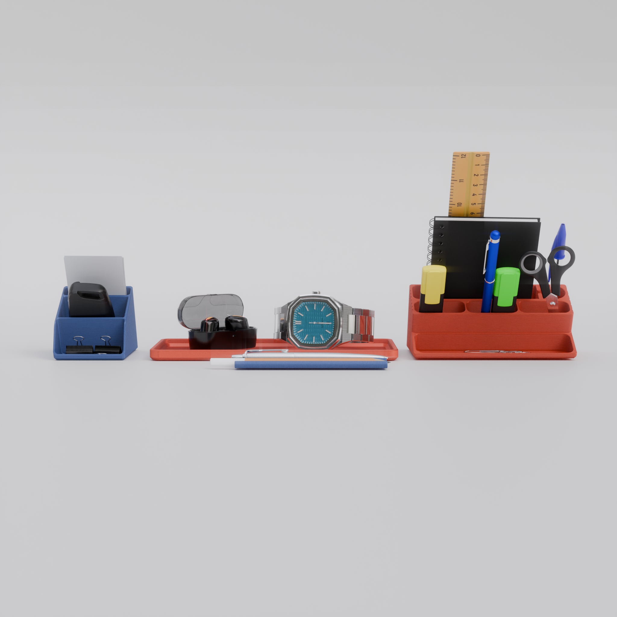 Coral and blue organizers bringing order to everyday essentials